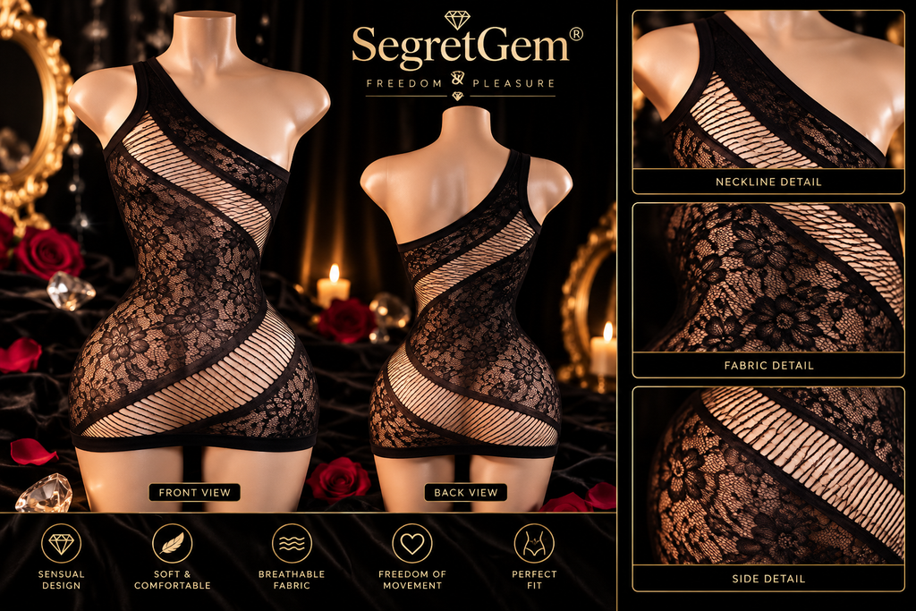 SegretGem® – Midnight Elegance | One-Shoulder Black Lace Mini Dress