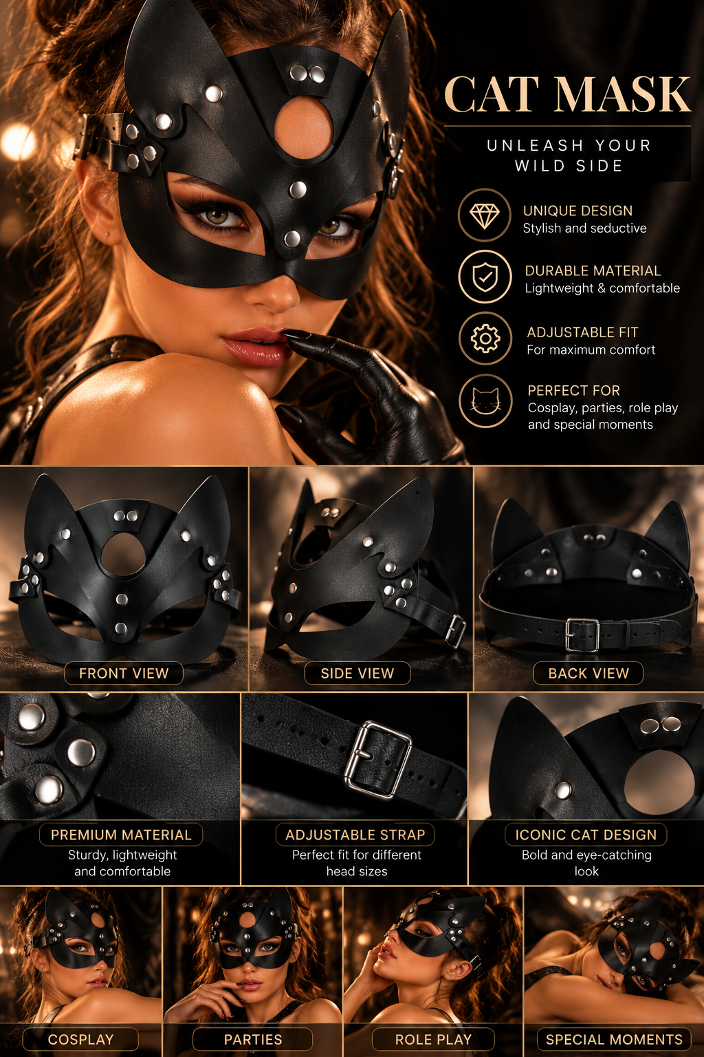 SegretGem® – Black Cat Mask with Adjustable Straps | Luxury Cosplay