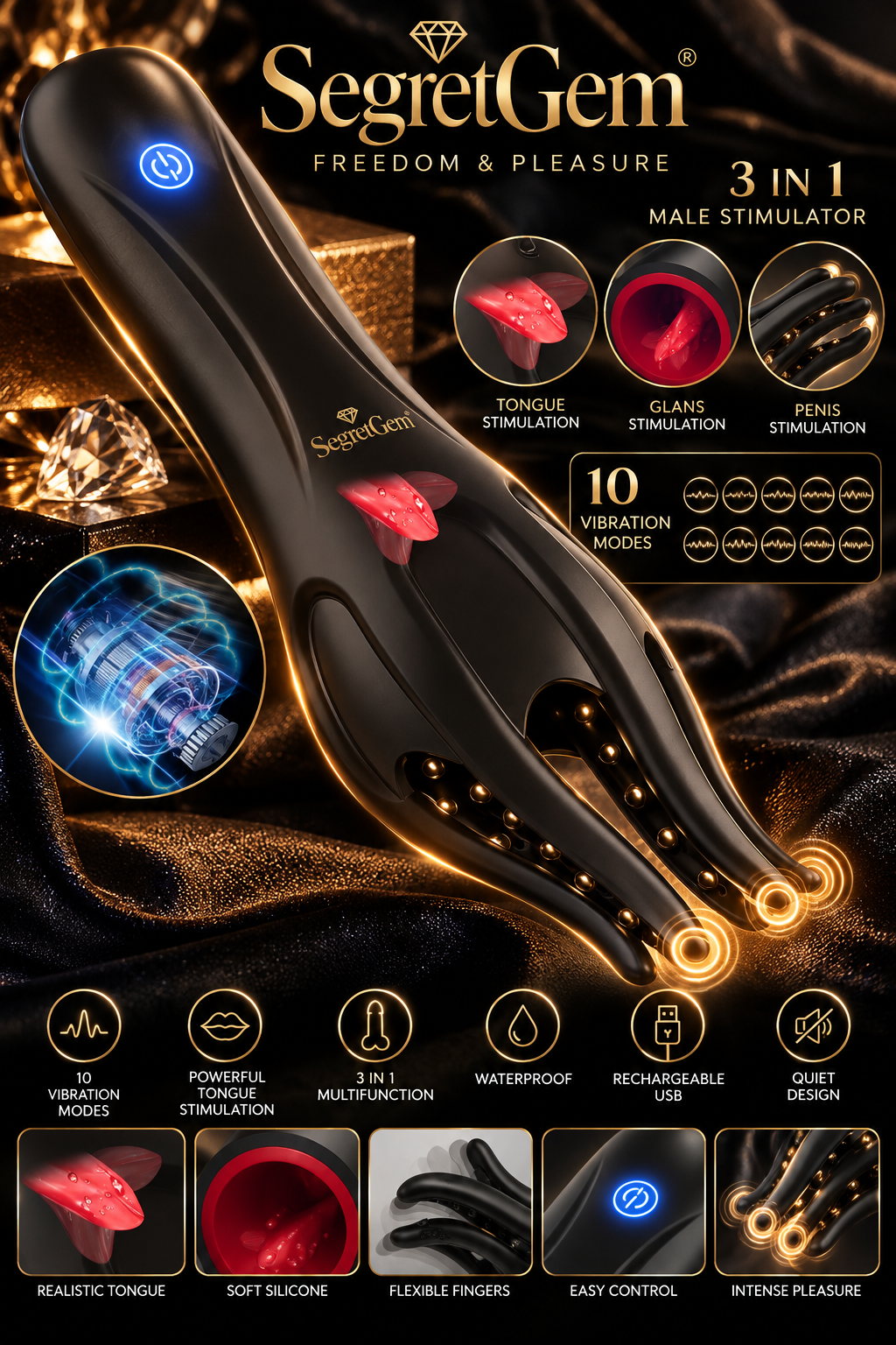 SegretGem 3-in-1 – Male Stimulator with 10 Vibration Modes